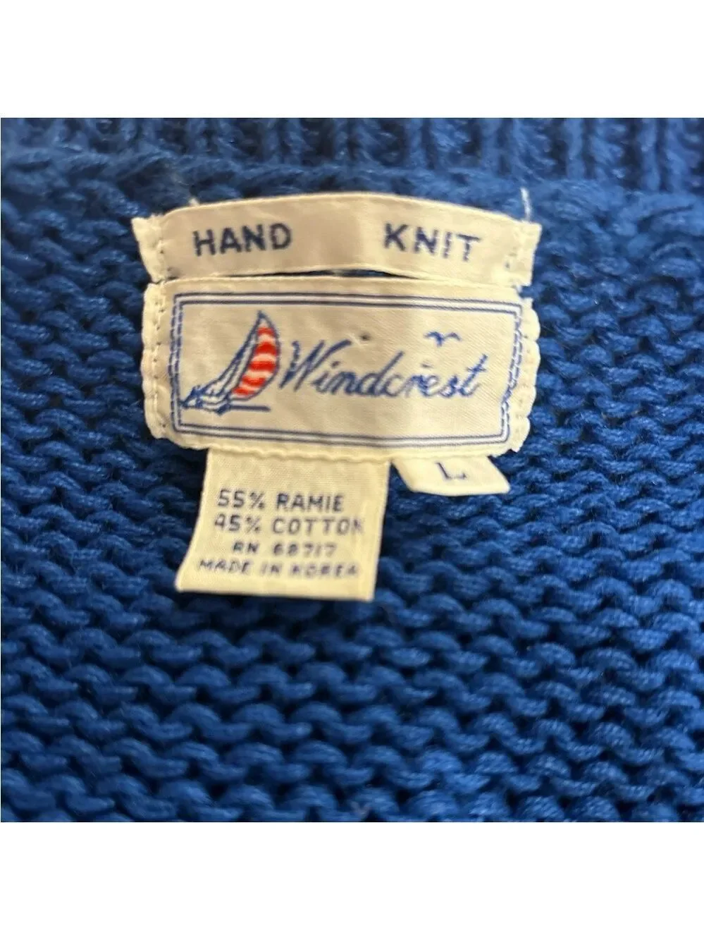 80s BLUE COTTON HAND KNIT DROP SHOULDERS & DOLMAN SLEEVES CABLE KNIT WINDCREST L